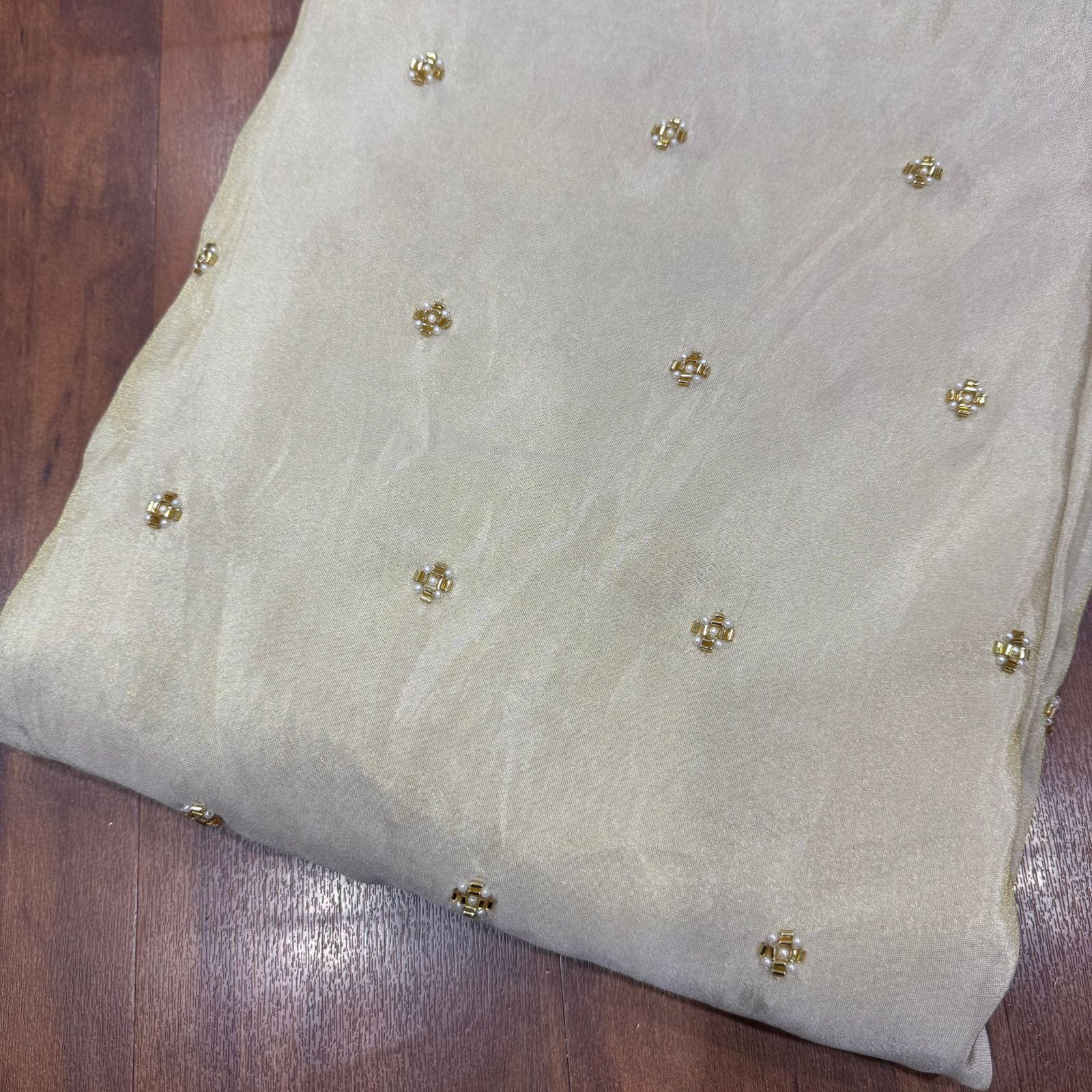 White & Golden Beads Butti Handwork Dyeable Embroidered Viscose Tissue Silk Fabric