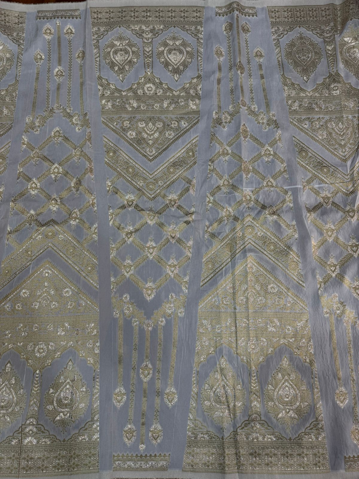 White & Golden Traditional Dyeable Banarasi Kali Russian Silk Fabric