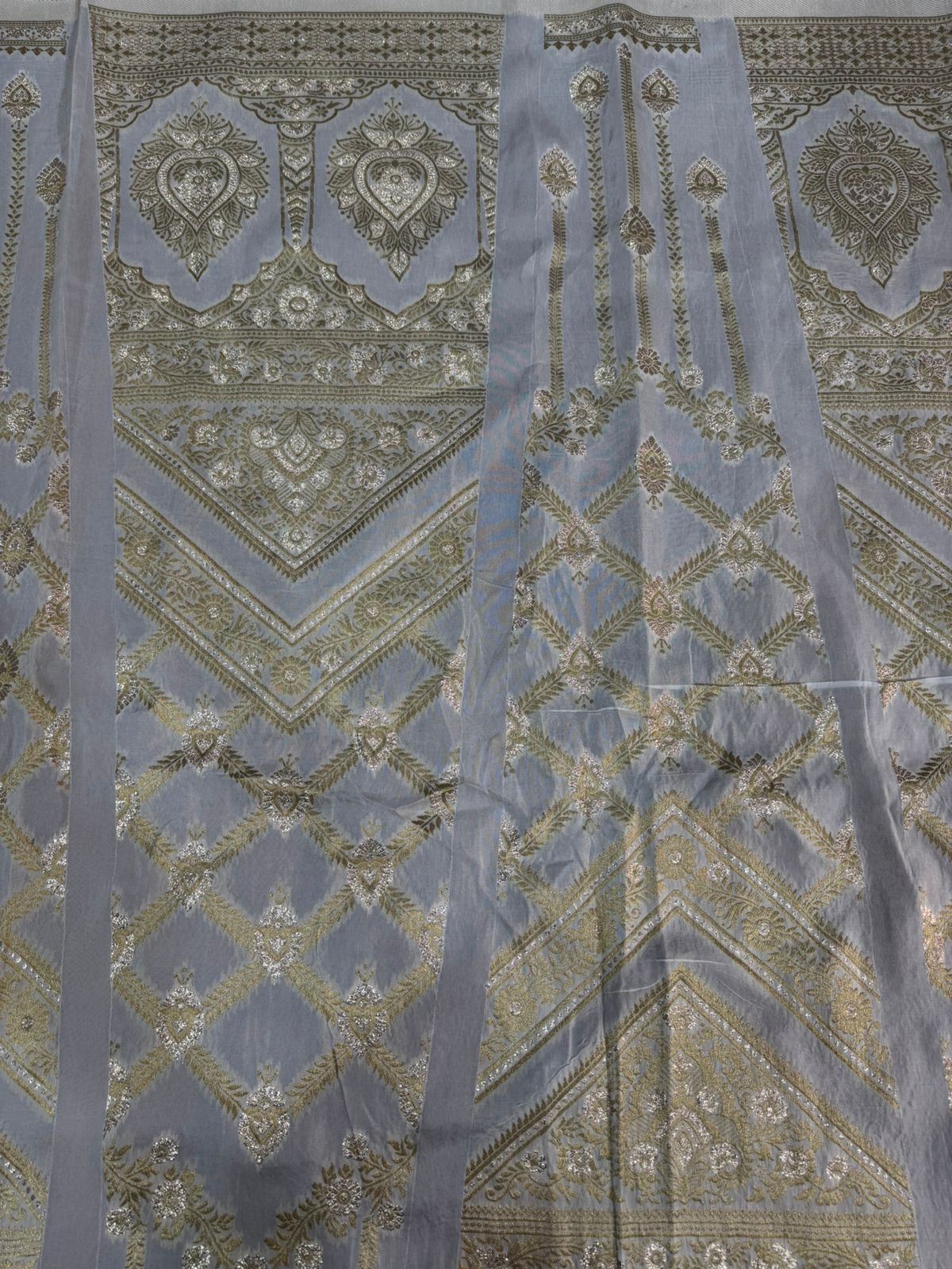 White & Golden Traditional Dyeable Banarasi Kali Russian Silk Fabric