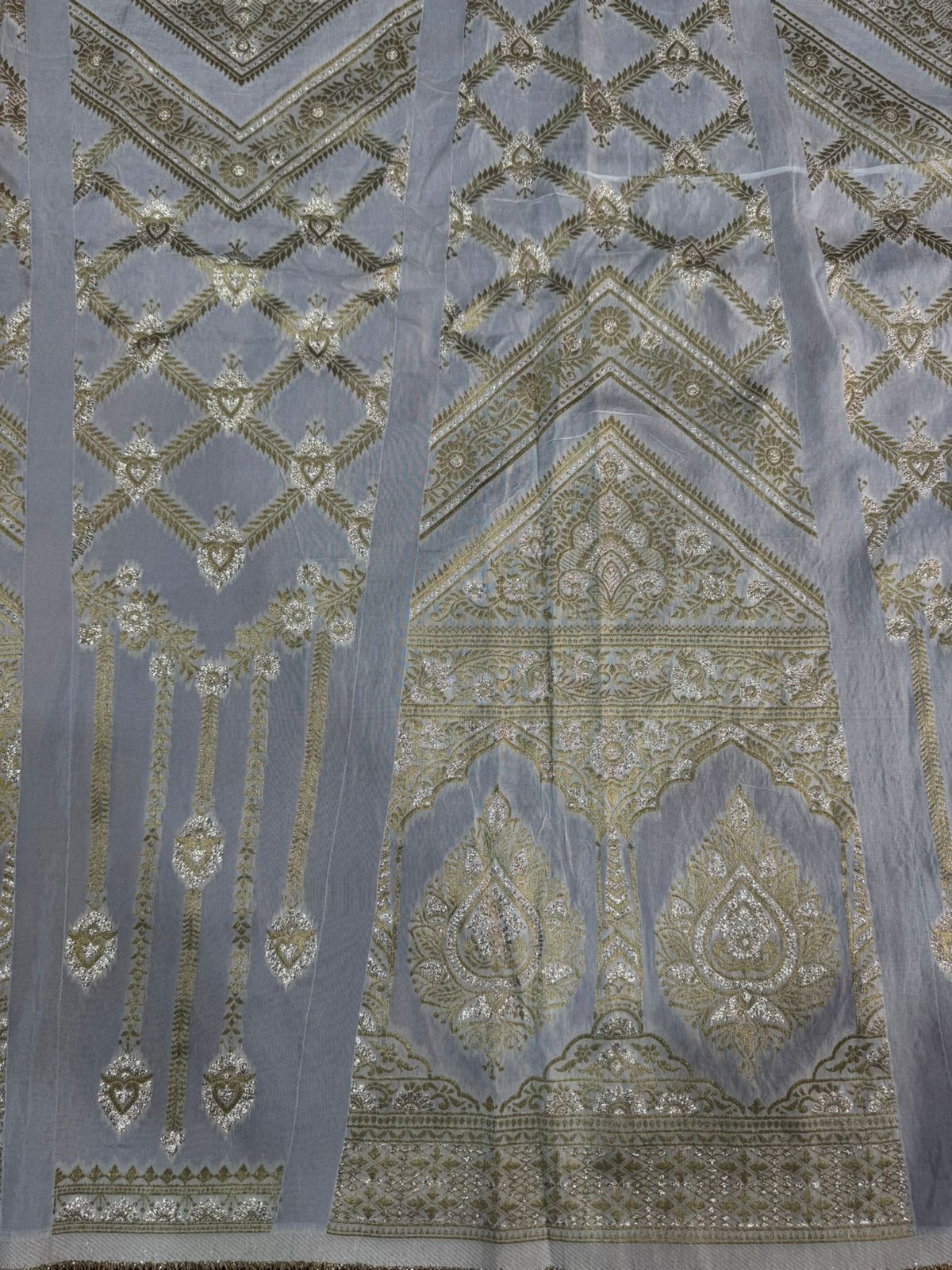 White & Golden Traditional Dyeable Banarasi Kali Russian Silk Fabric