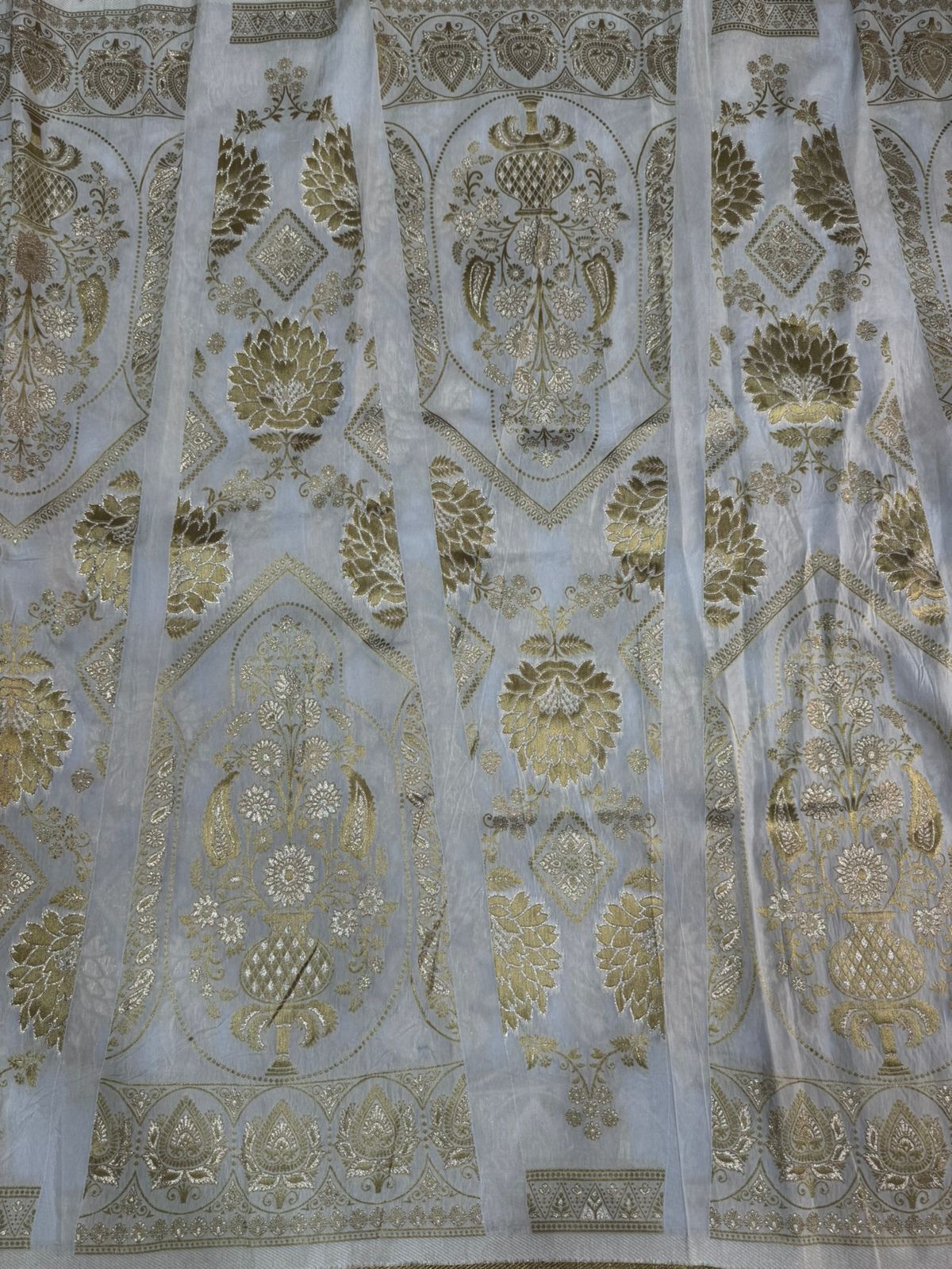 White & Golden Traditional Dyeable Banarasi Kali Russian Silk Fabric