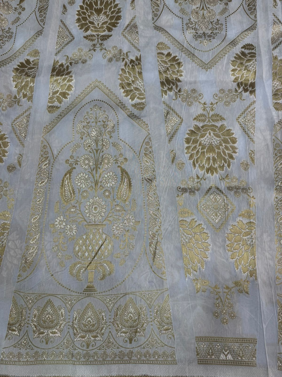 White & Golden Traditional Dyeable Banarasi Kali Russian Silk Fabric