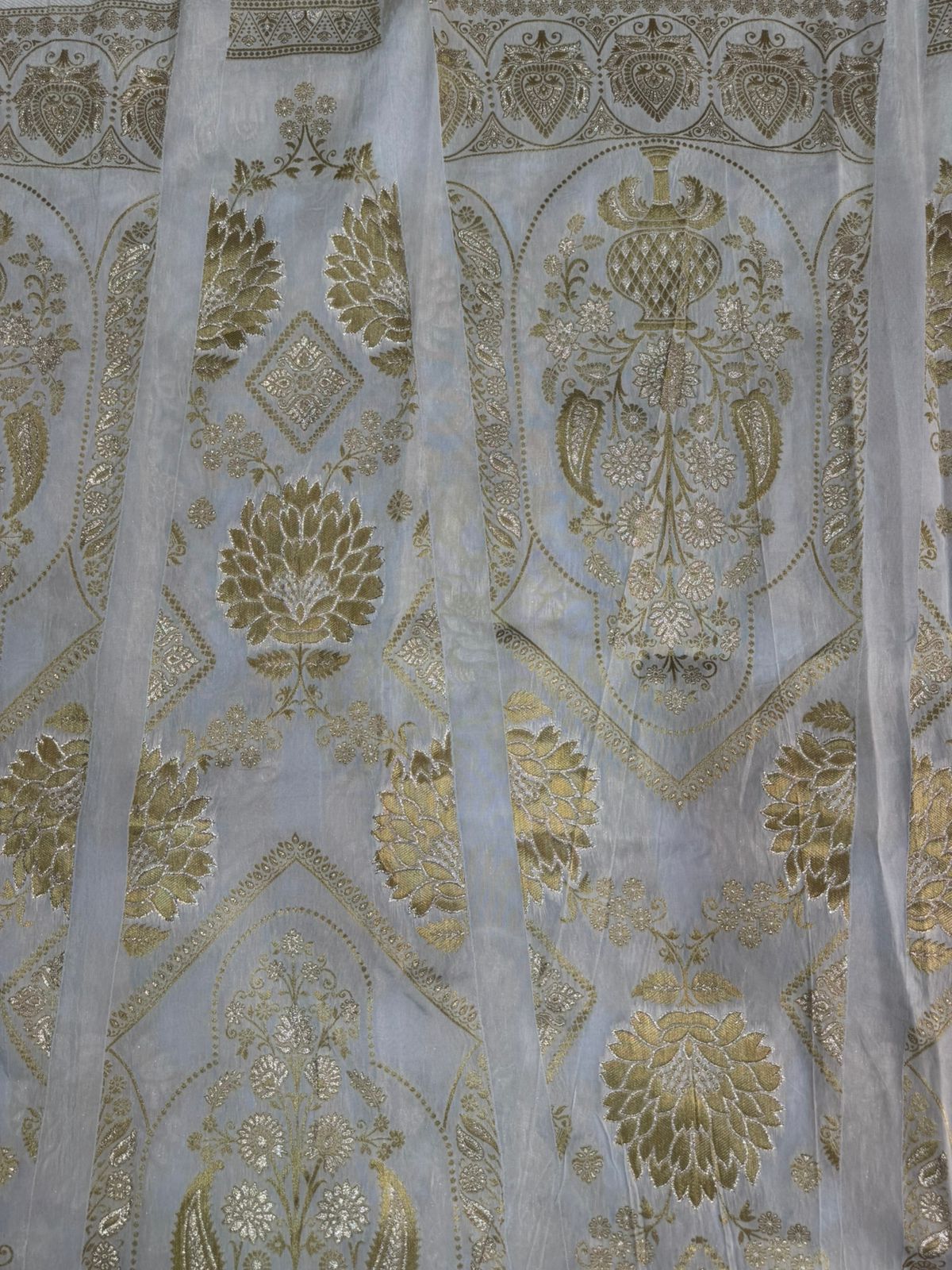 White & Golden Traditional Dyeable Banarasi Kali Russian Silk Fabric
