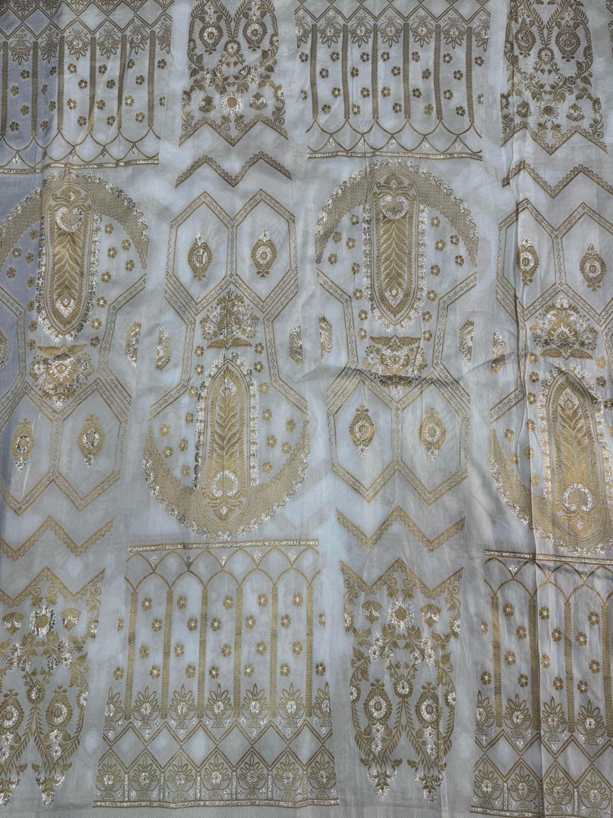 White & Golden Traditional Dyeable Banarasi Kali Russian Silk Fabric