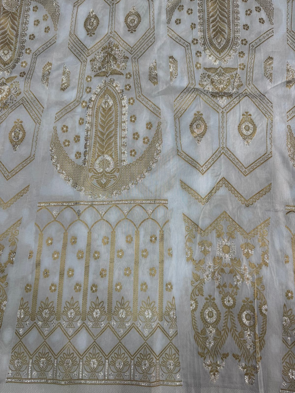 White & Golden Traditional Dyeable Banarasi Kali Russian Silk Fabric