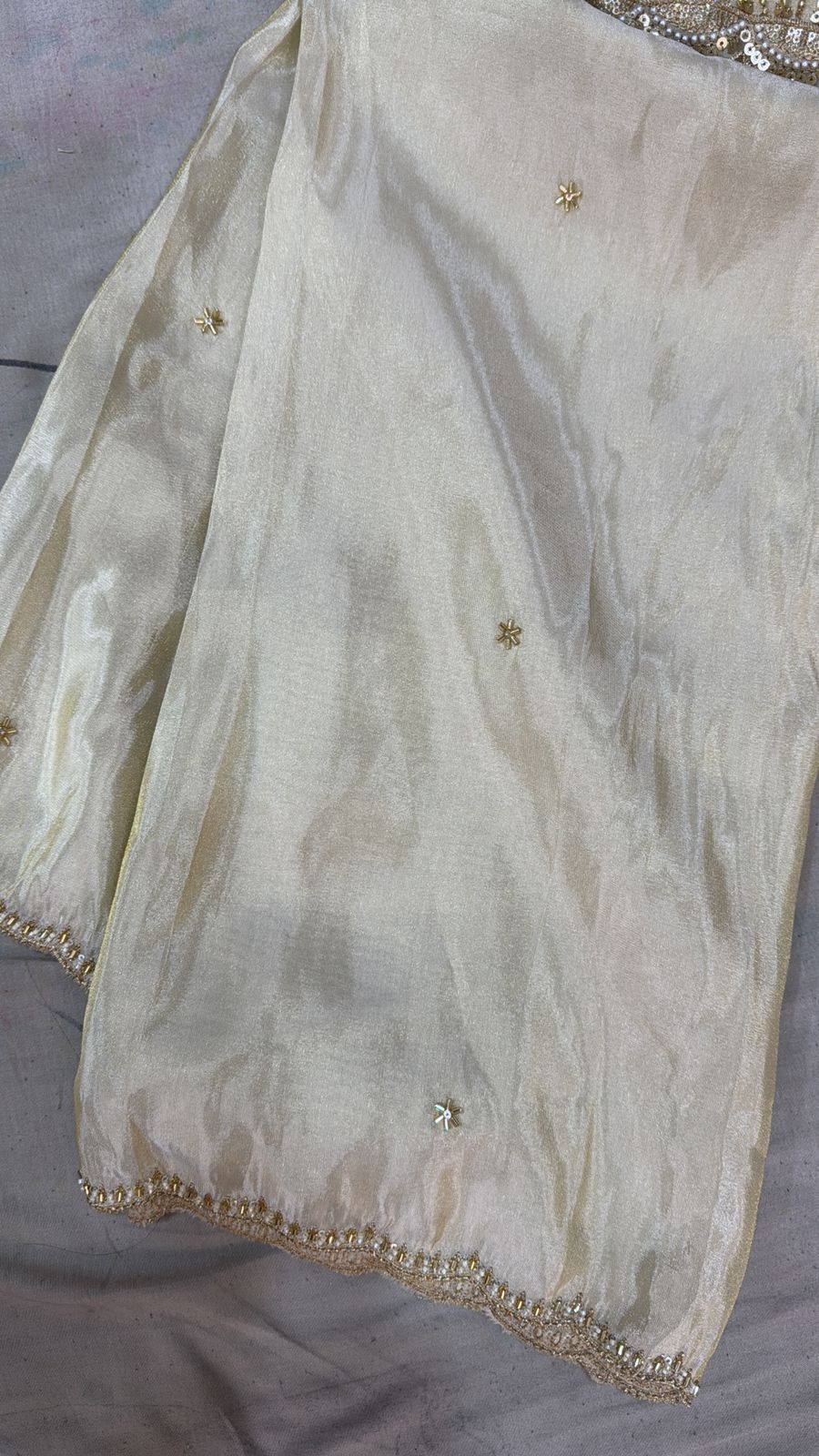 White & Golden Dyeable Handwork Gold Tissue Dupatta