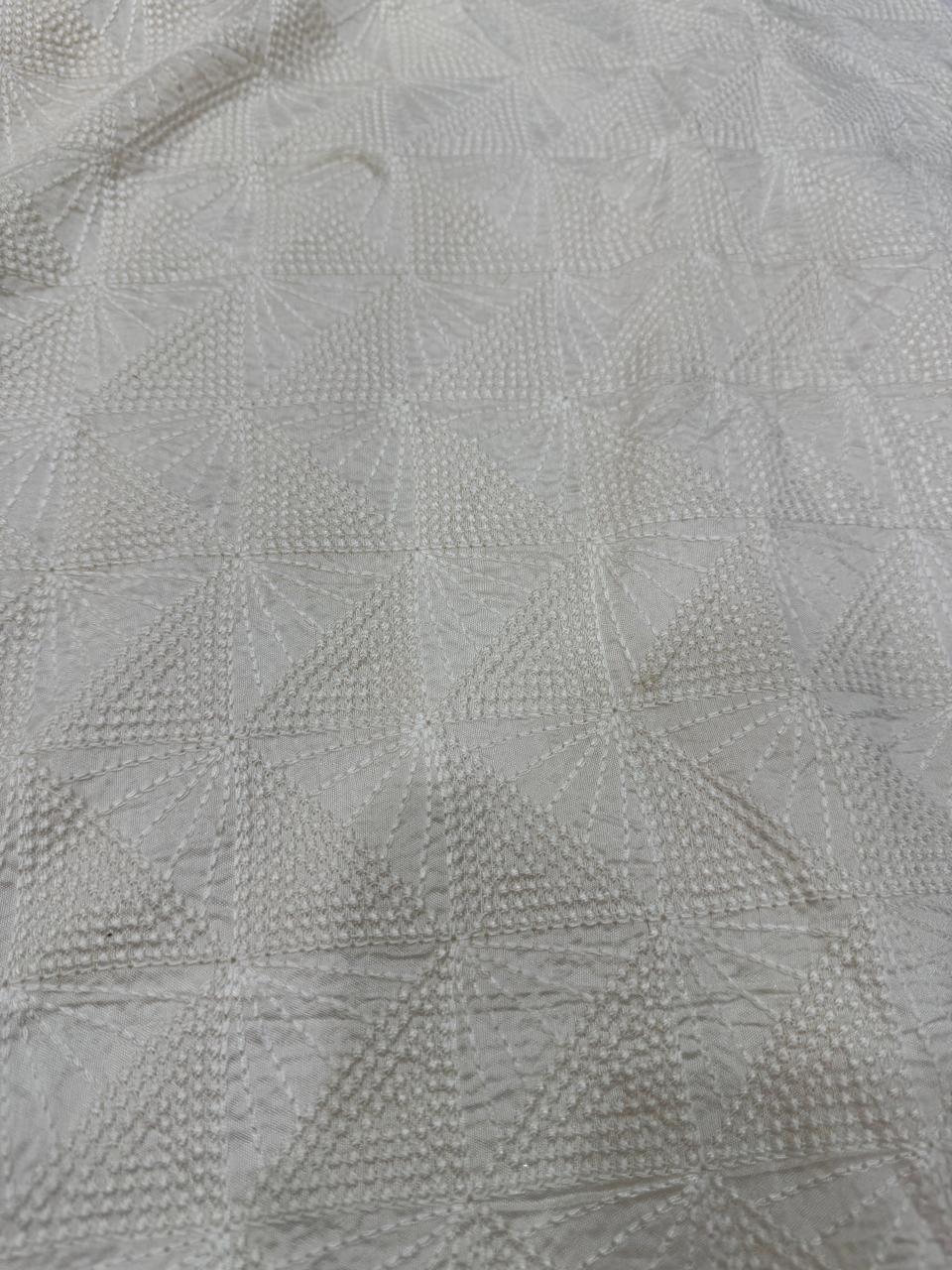 White Dyeable Geometric Lakhnavi Embroidered Viscose Raw Silk Fabric