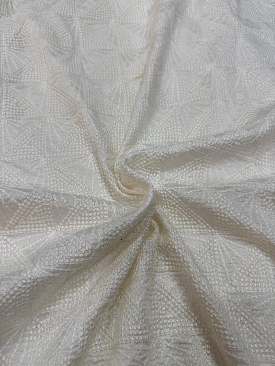 White Dyeable Geometric Lakhnavi Embroidered Viscose Raw Silk Fabric