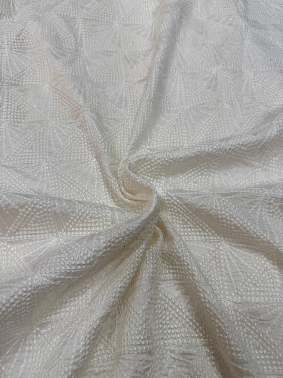 White Dyeable Geometric Lakhnavi Embroidered Viscose Raw Silk Fabric