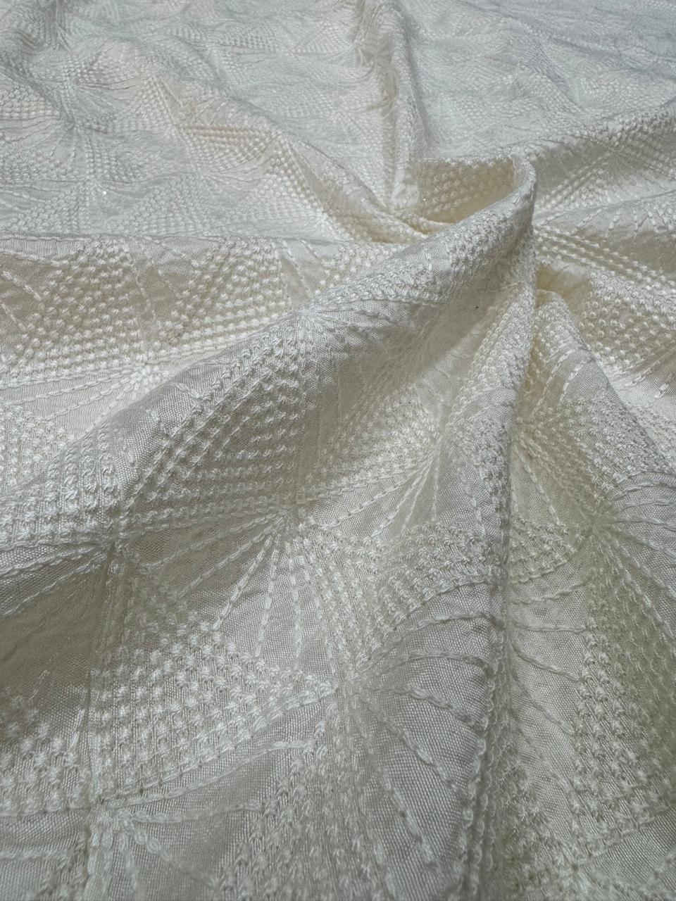 White Dyeable Geometric Lakhnavi Embroidered Viscose Raw Silk Fabric