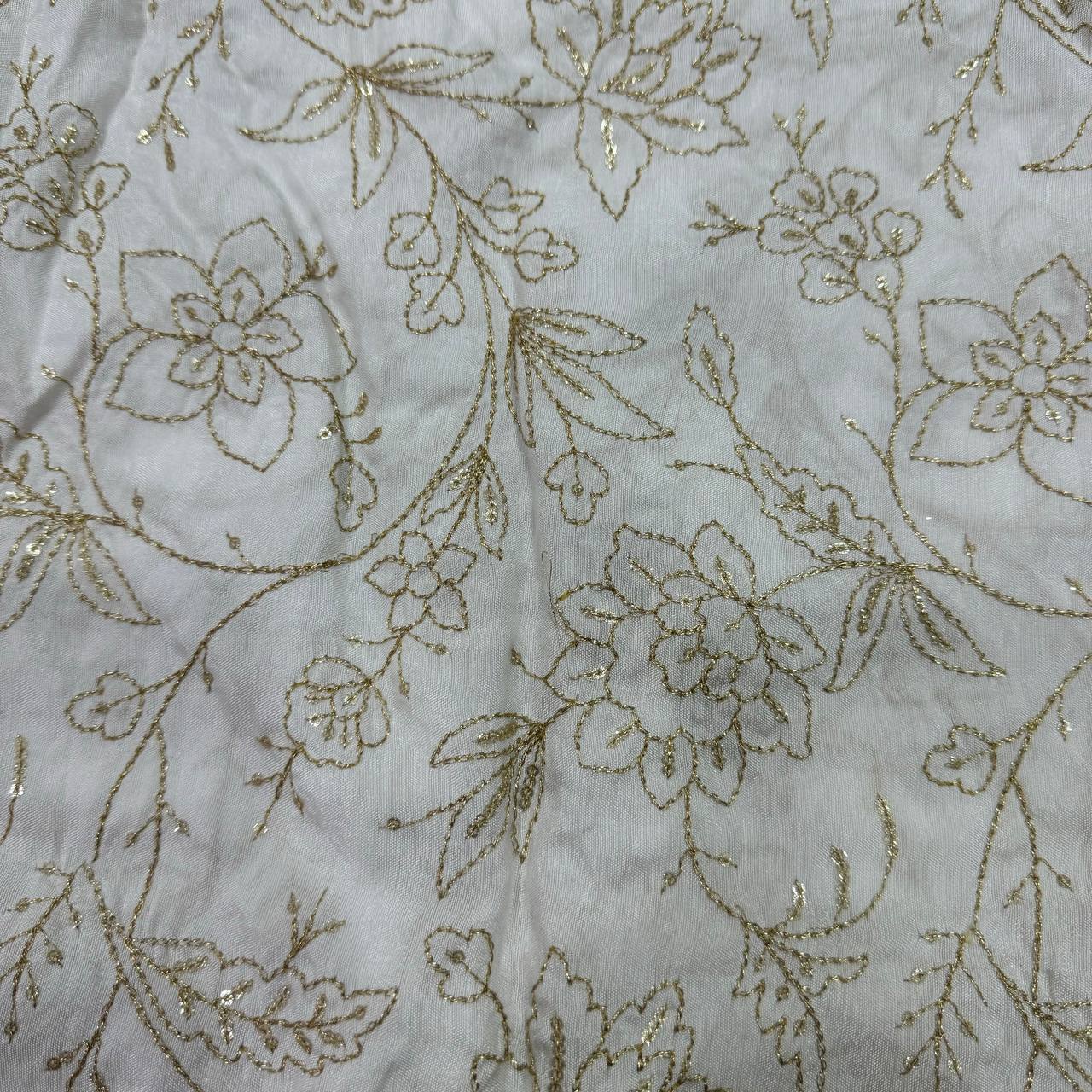 White Dyeable Floral Embroidered Viscose Dola Silk Fabric