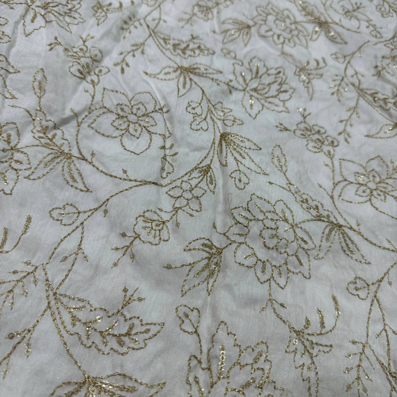 White Dyeable Floral Embroidered Viscose Dola Silk Fabric