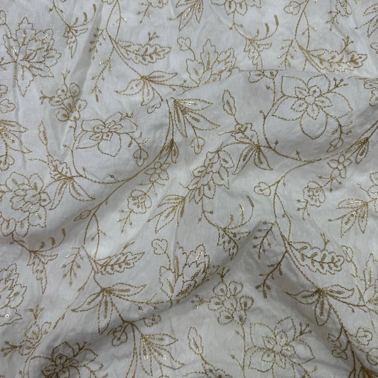 White Dyeable Floral Embroidered Viscose Dola Silk Fabric