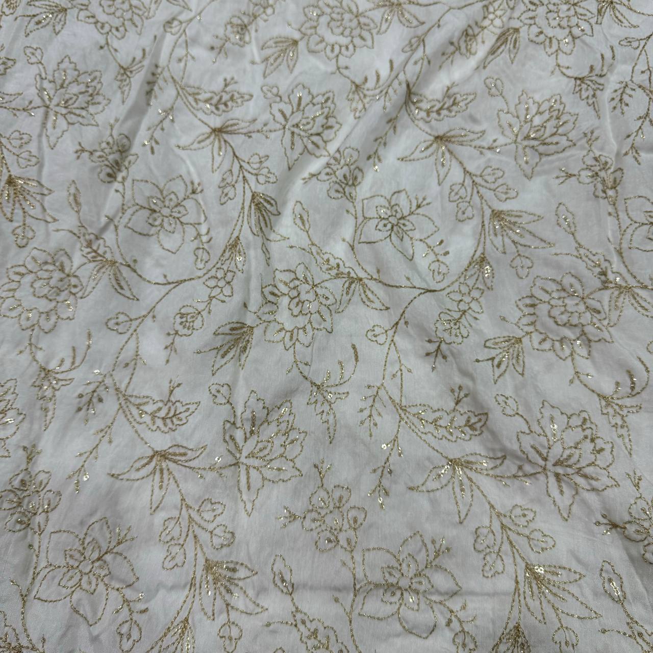 White Dyeable Floral Embroidered Viscose Dola Silk Fabric