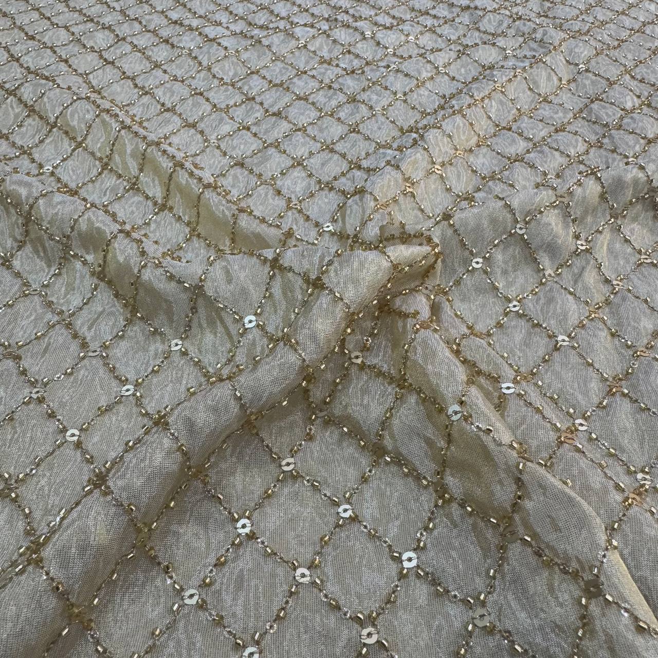 White & Golden Beads Geometric Handwork Dyeable Embroidered Viscose Tissue Silk Fabric