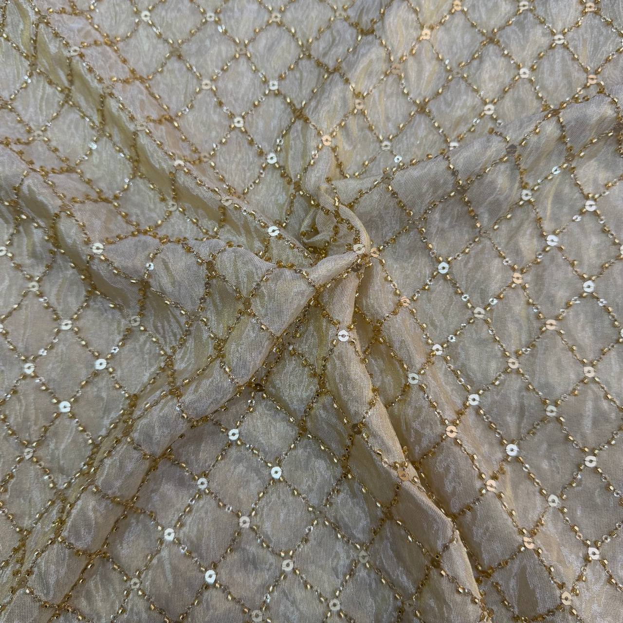 White & Golden Beads Geometric Handwork Dyeable Embroidered Viscose Tissue Silk Fabric