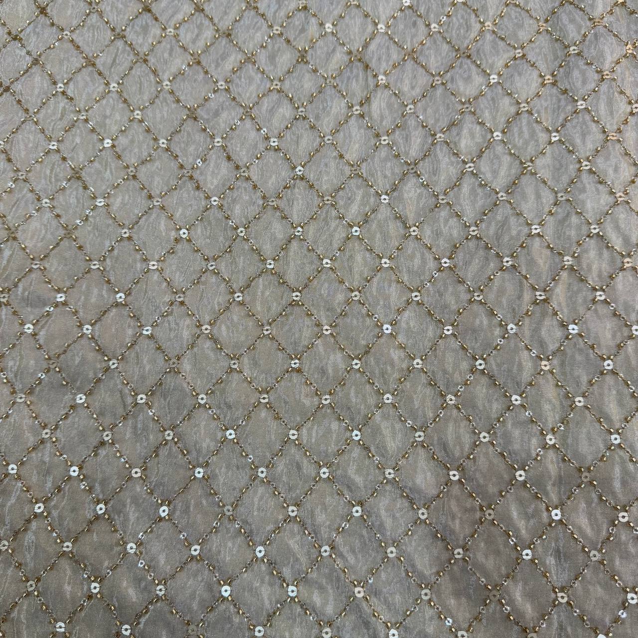 White & Golden Beads Geometric Handwork Dyeable Embroidered Viscose Tissue Silk Fabric