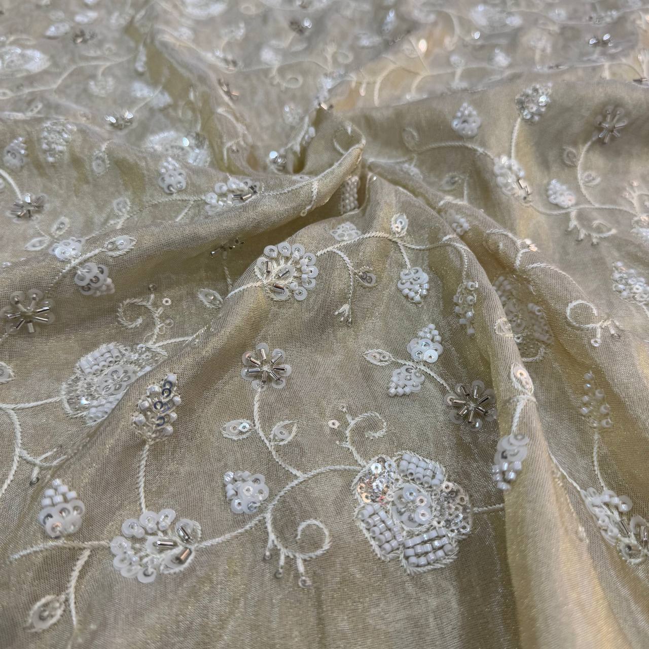 White & Golden Beads Floral Handwork Dyeable Embroidered Viscose Tissue Silk Fabric