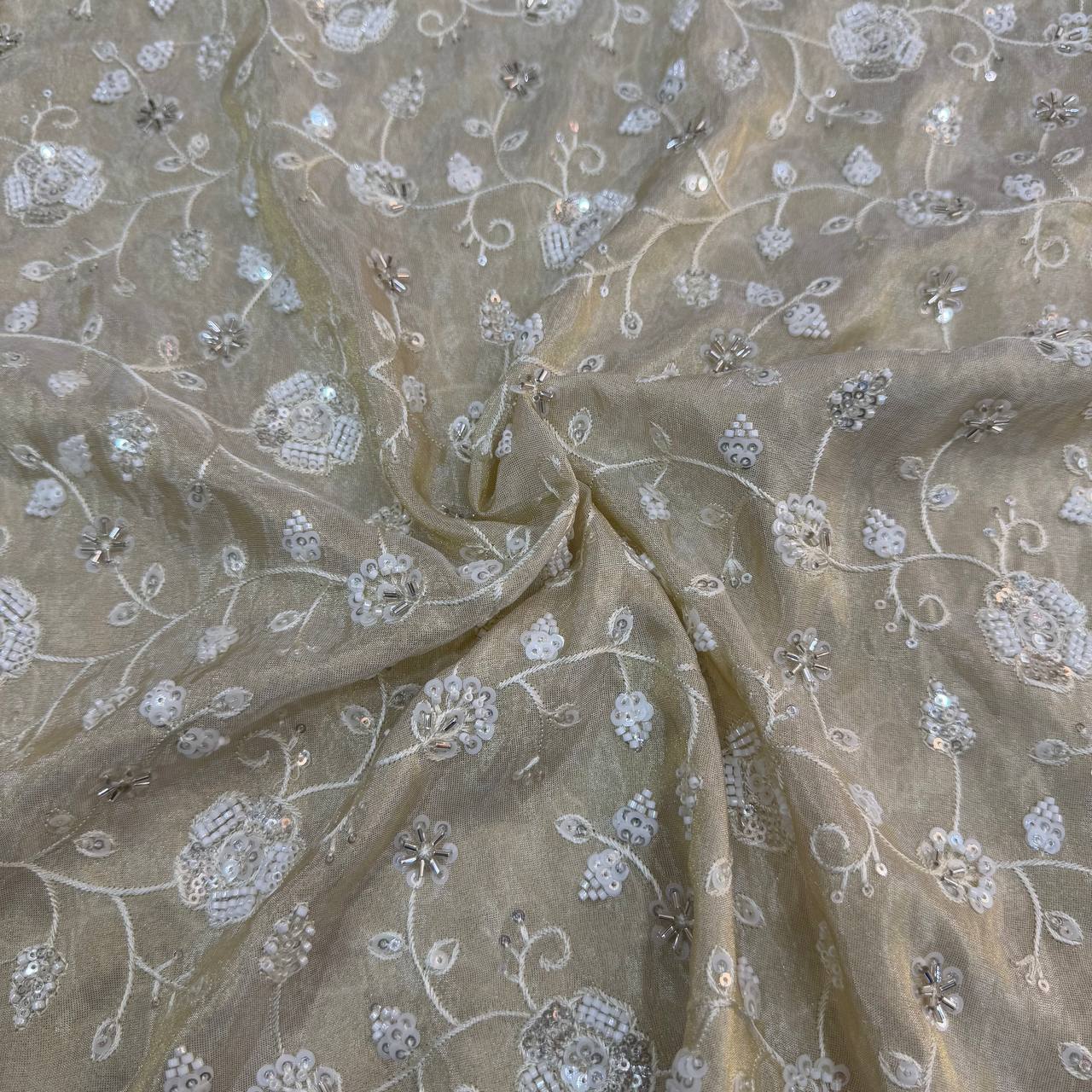 White & Golden Beads Floral Handwork Dyeable Embroidered Viscose Tissue Silk Fabric