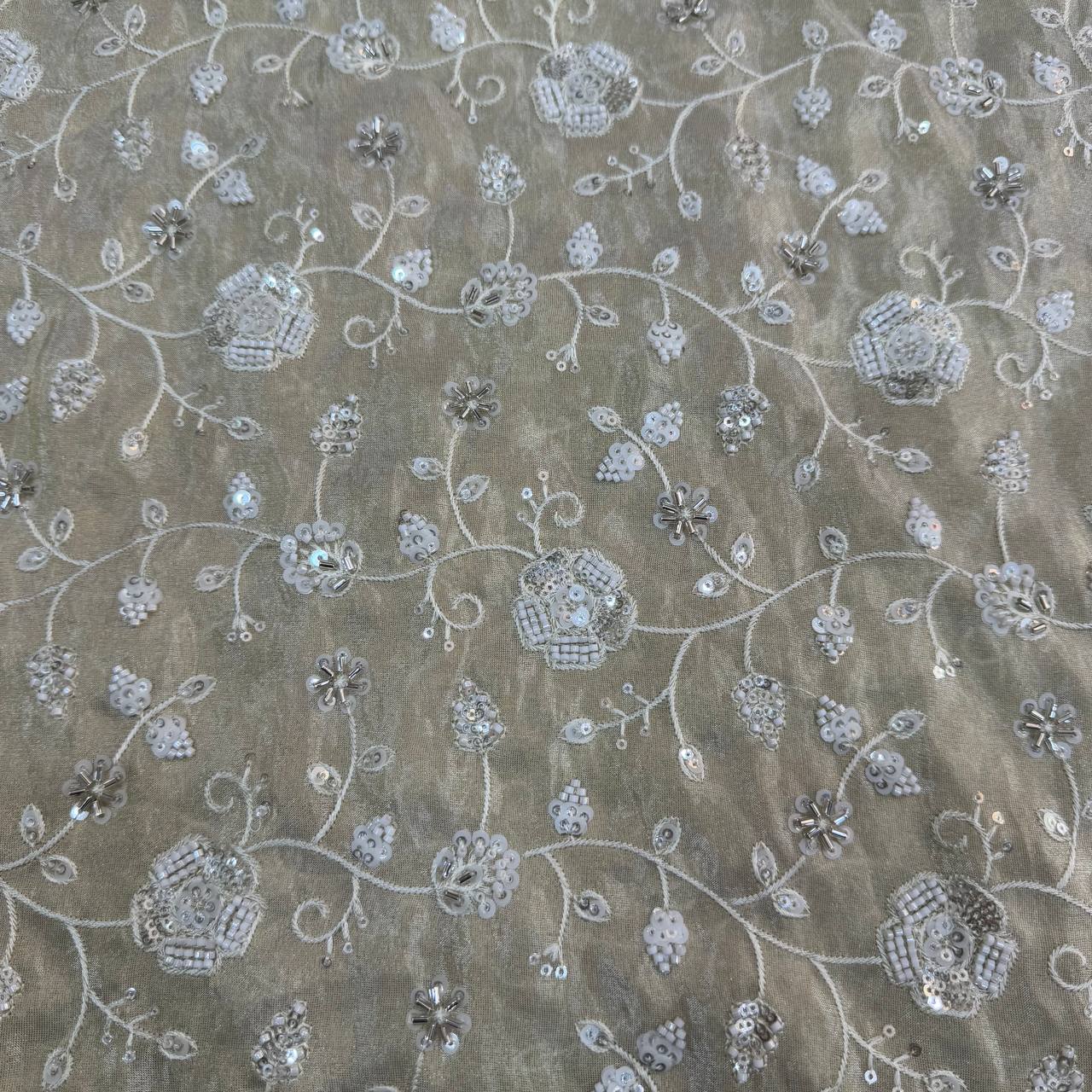 White & Golden Beads Floral Handwork Dyeable Embroidered Viscose Tissue Silk Fabric