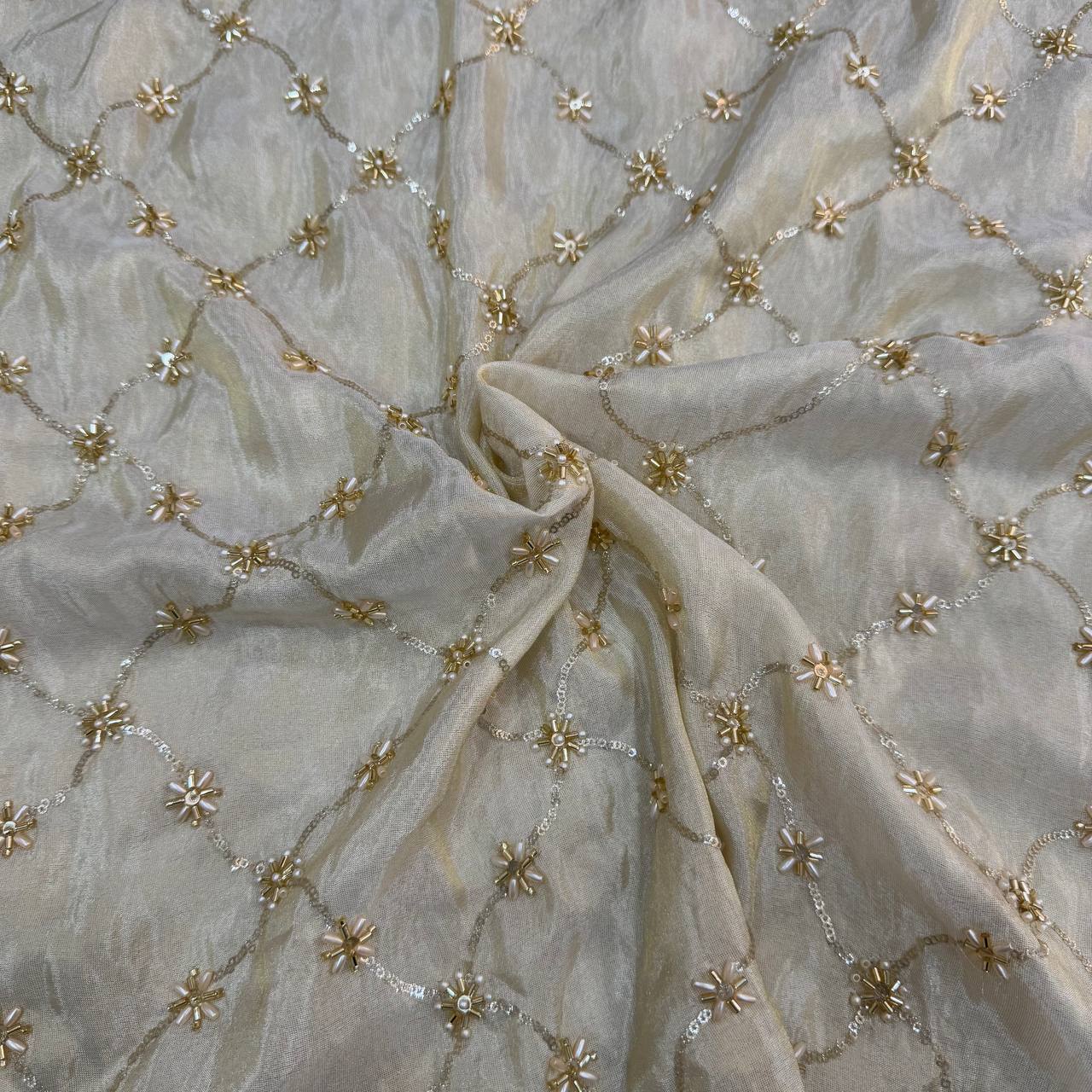 White & Golden Beads Geometric Handwork Dyeable Embroidered Viscose Tissue Silk Fabric