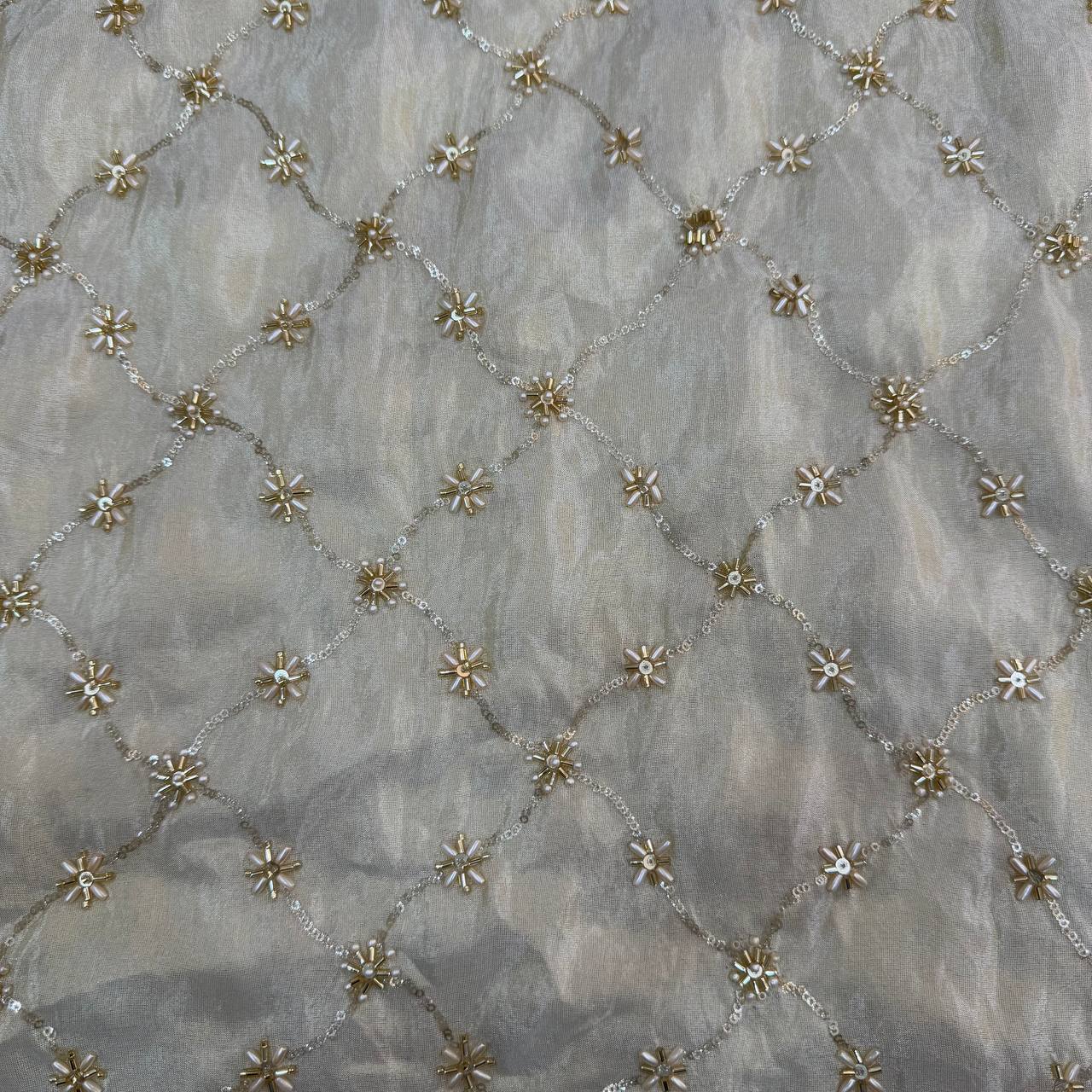 White & Golden Beads Geometric Handwork Dyeable Embroidered Viscose Tissue Silk Fabric