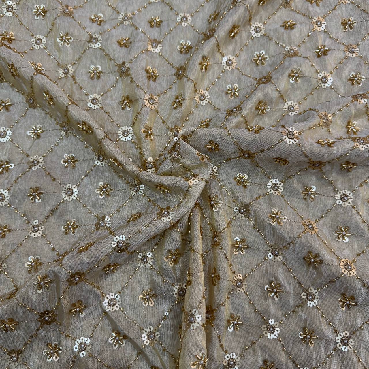 White & Golden Beads Geometric Handwork Dyeable Embroidered Viscose Tissue Silk Fabric