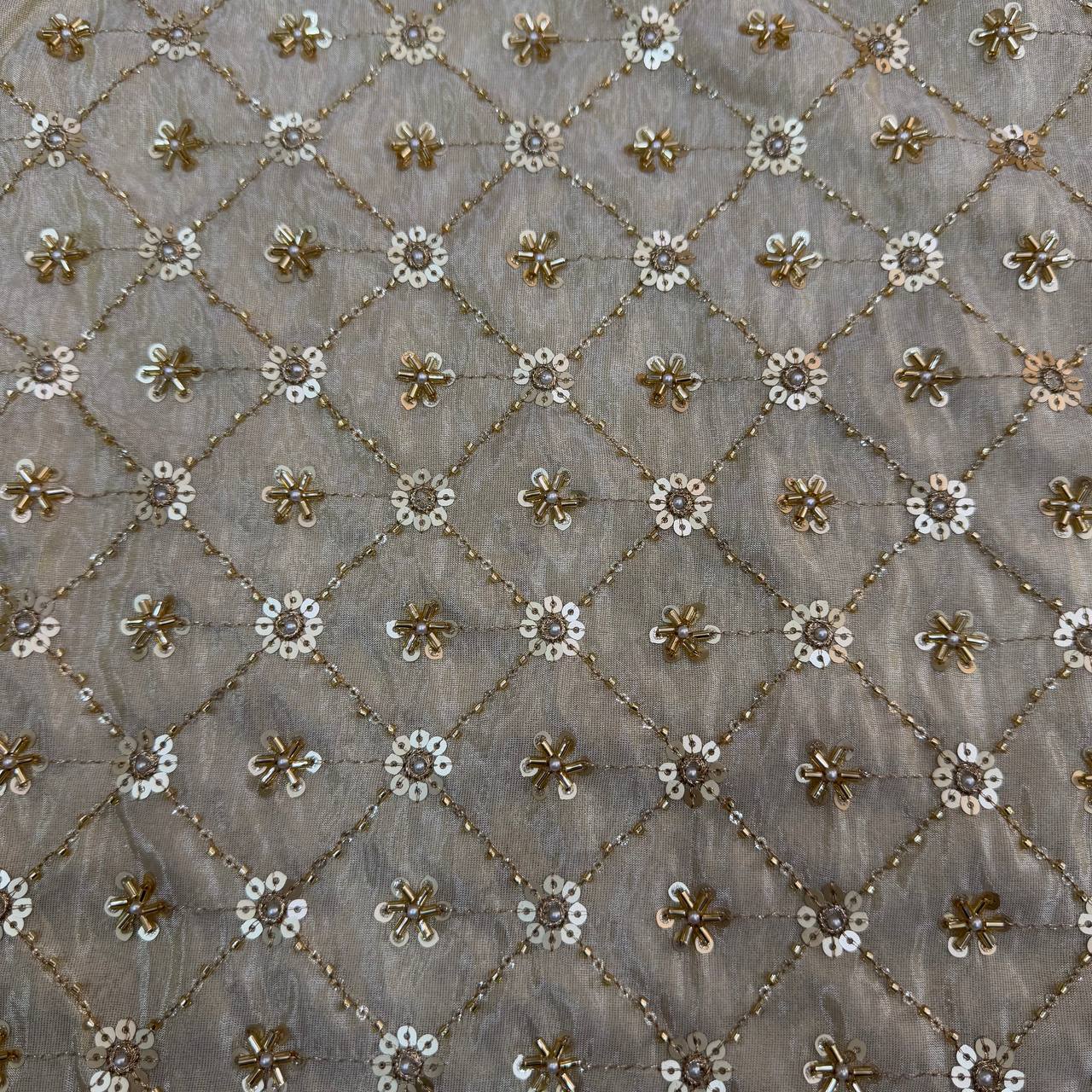 White & Golden Beads Geometric Handwork Dyeable Embroidered Viscose Tissue Silk Fabric