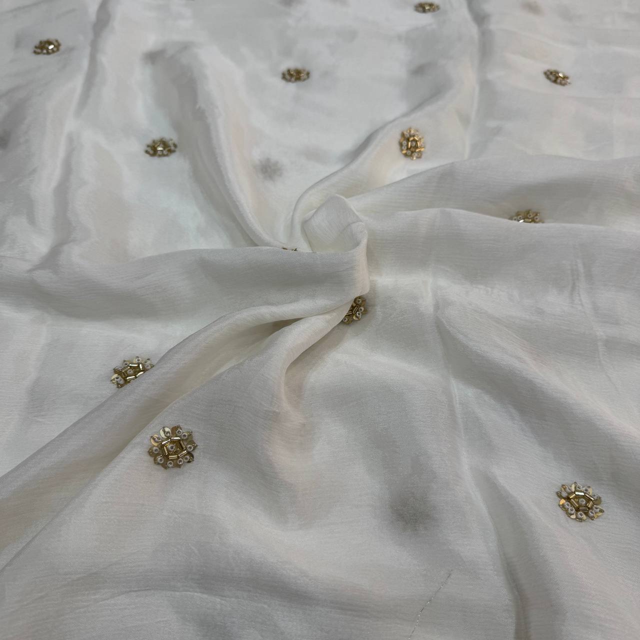 White & Golden Flower Butti Dyeable Beads Embroidered Viscose Chinon Chiffon Fabric