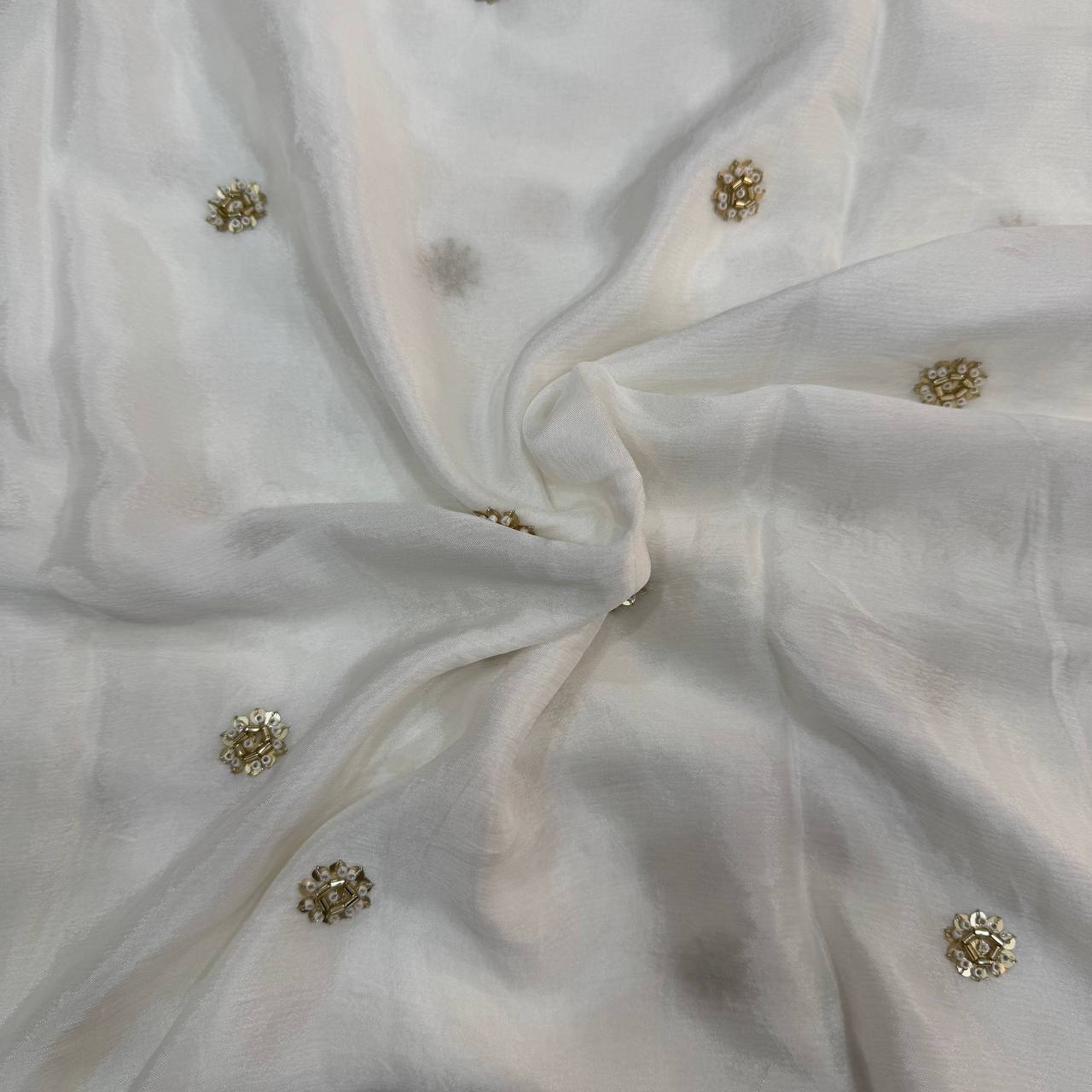 White & Golden Flower Butti Dyeable Beads Embroidered Viscose Chinon Chiffon Fabric