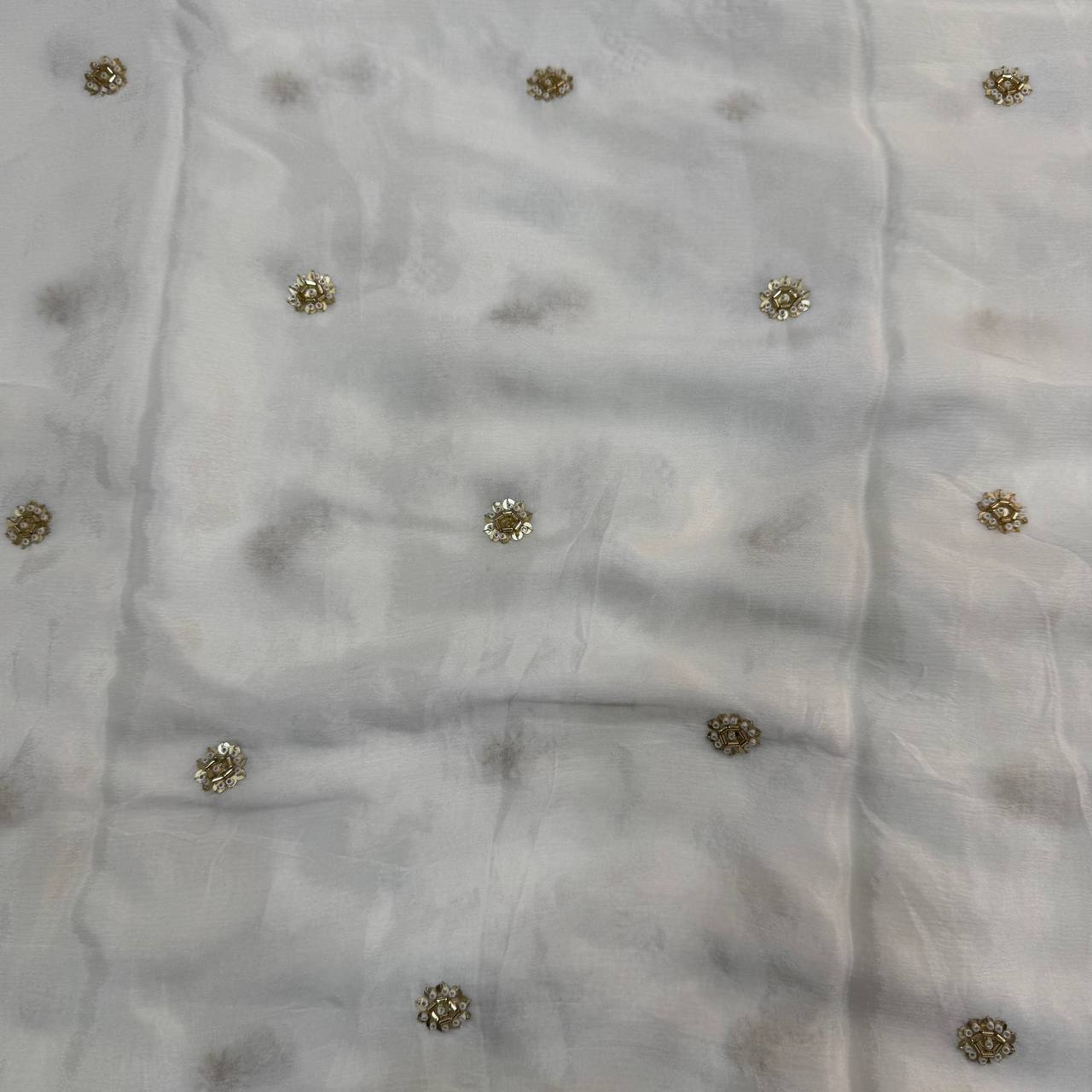White & Golden Flower Butti Dyeable Beads Embroidered Viscose Chinon Chiffon Fabric