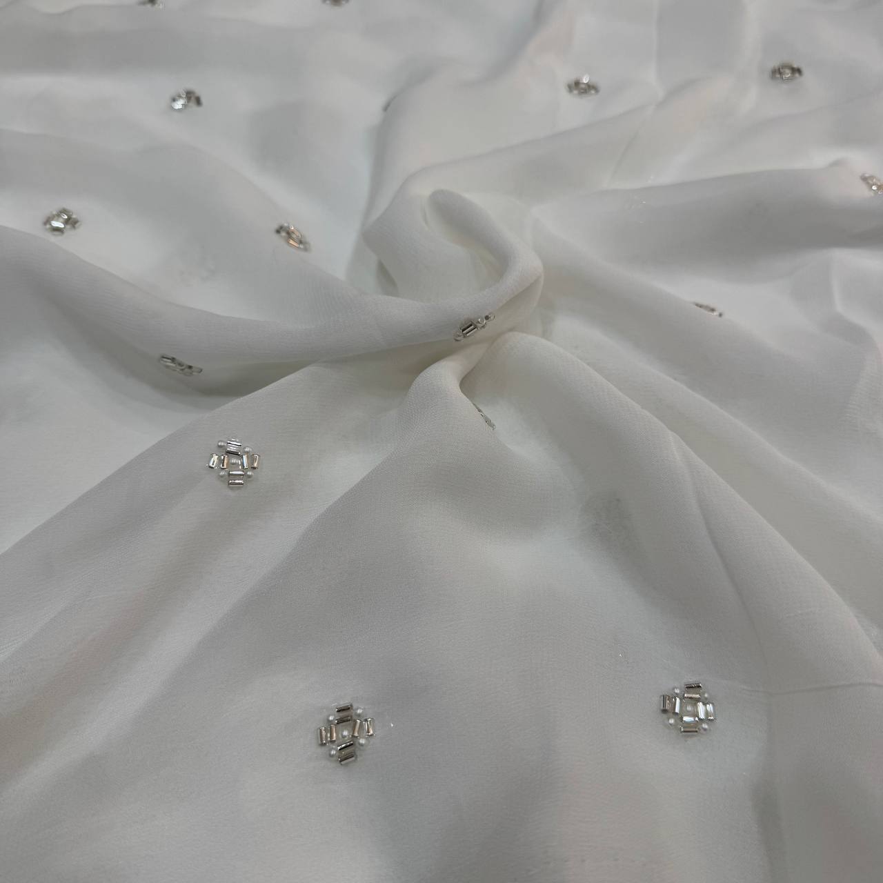 White Geometric Dyeable Sequins & Beads Embroidered Butti Work Viscose Georgette Fabric
