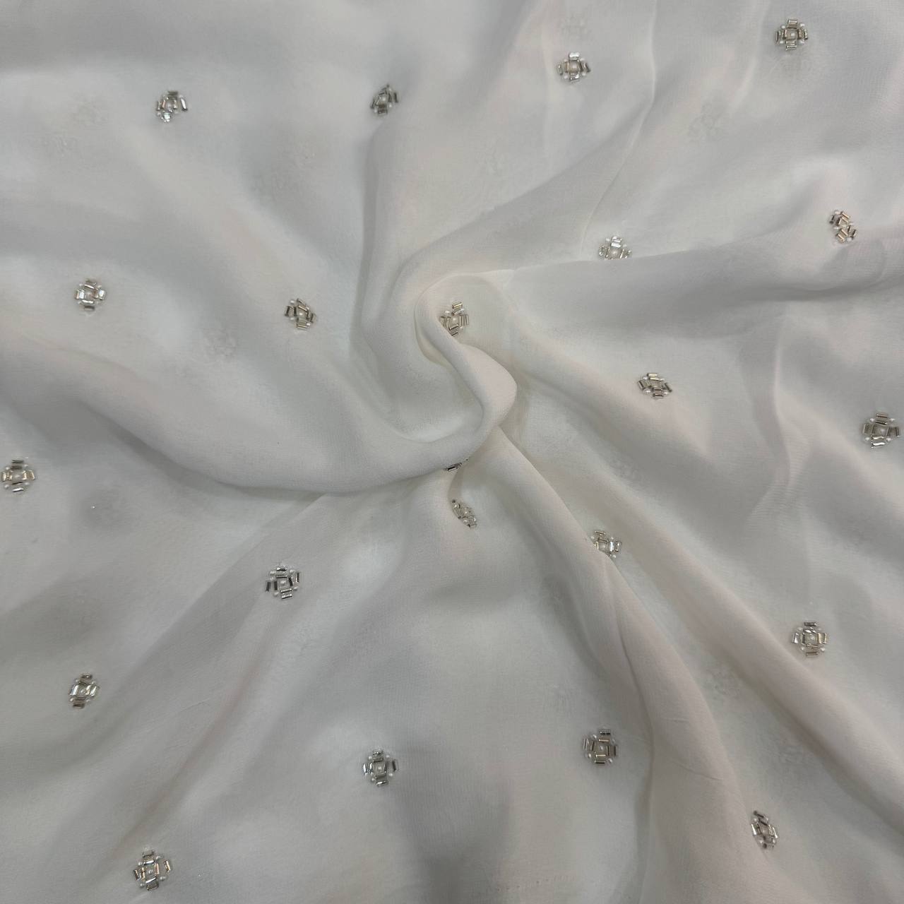 White Geometric Dyeable Sequins & Beads Embroidered Butti Work Viscose Georgette Fabric