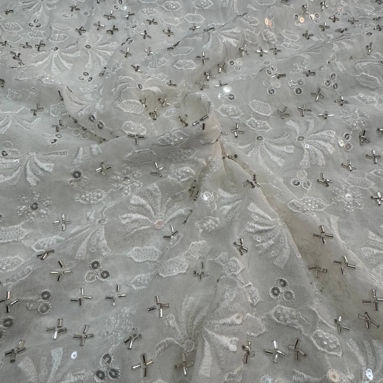 White Geometric Dyeable Sequins & Beads Embroidered Heavy Hand Work Viscose Georgette Fabric