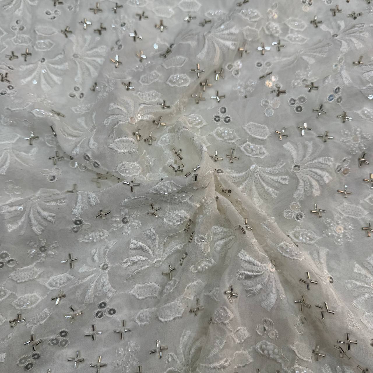 White Geometric Dyeable Sequins & Beads Embroidered Heavy Hand Work Viscose Georgette Fabric
