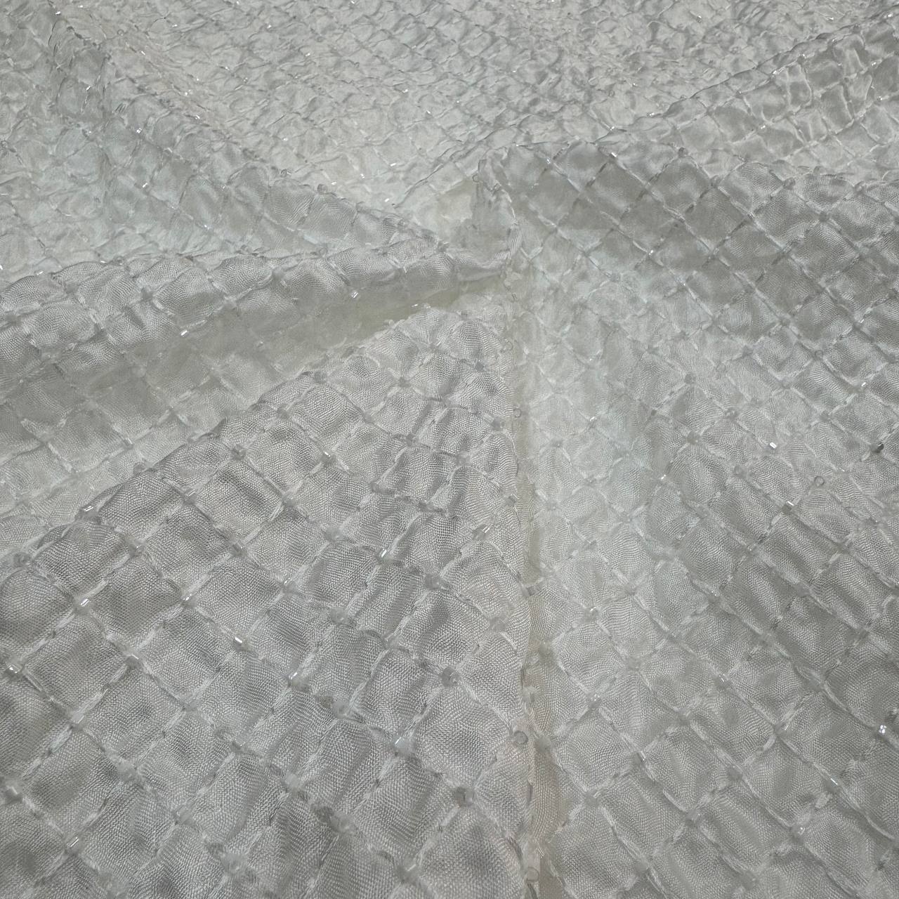 White Dyeable Geomatric Beads Embroidered Viscose Uppada Silk Fabric