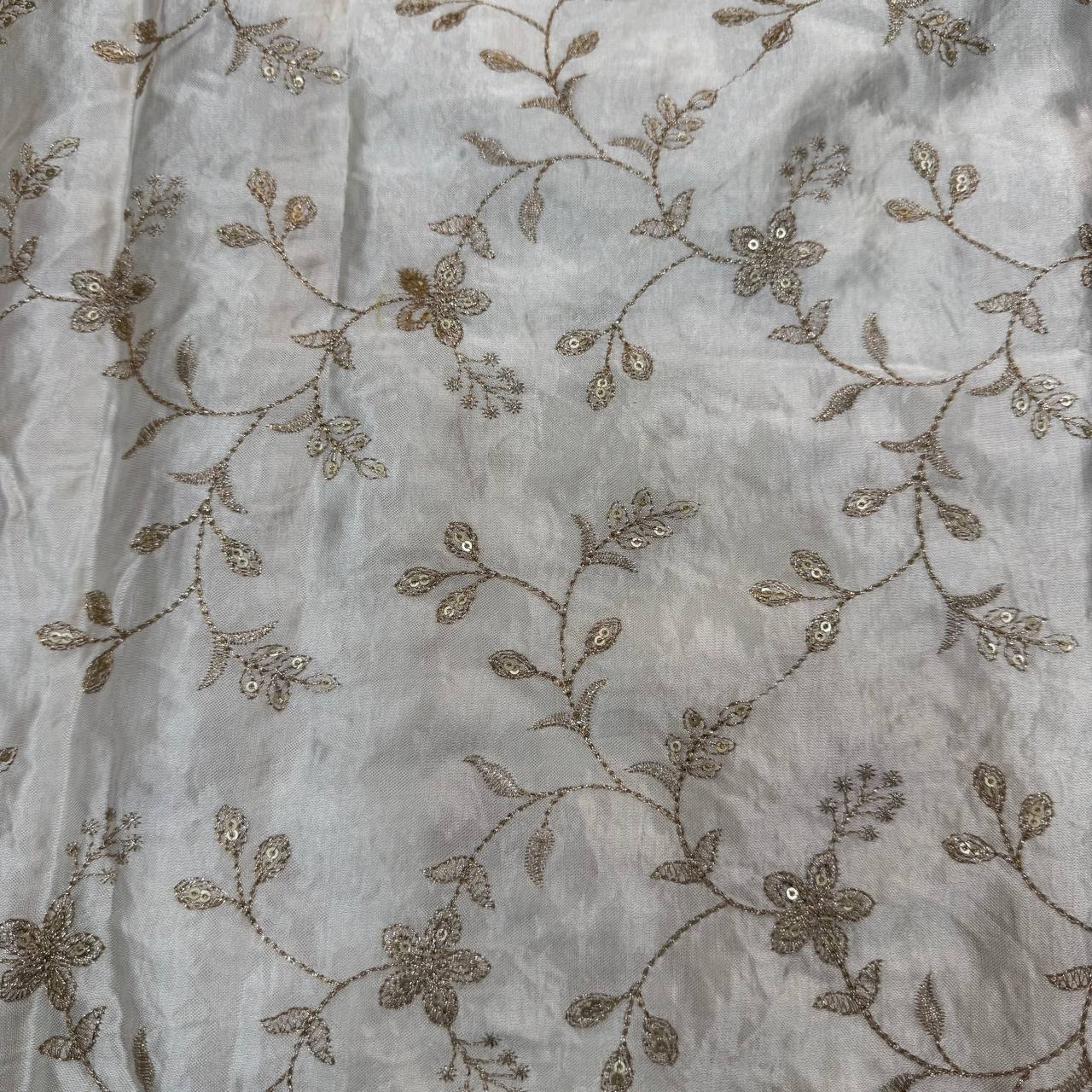 White & Golden Floral Dyeable Embroidered Viscose Gaji Silk Fabric