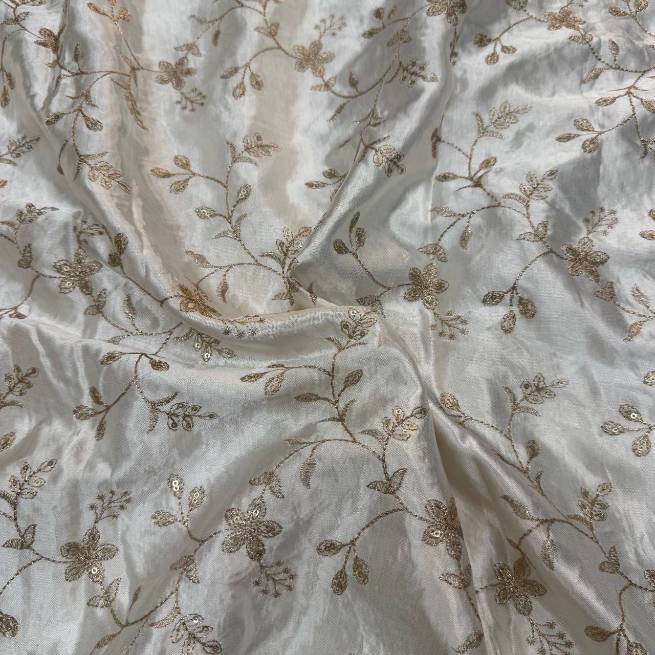 White & Golden Floral Dyeable Embroidered Viscose Gaji Silk Fabric