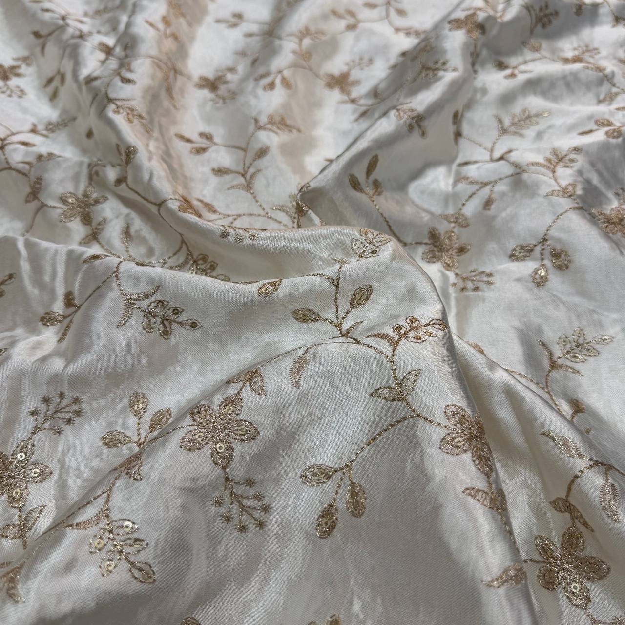 White & Golden Floral Dyeable Embroidered Viscose Gaji Silk Fabric