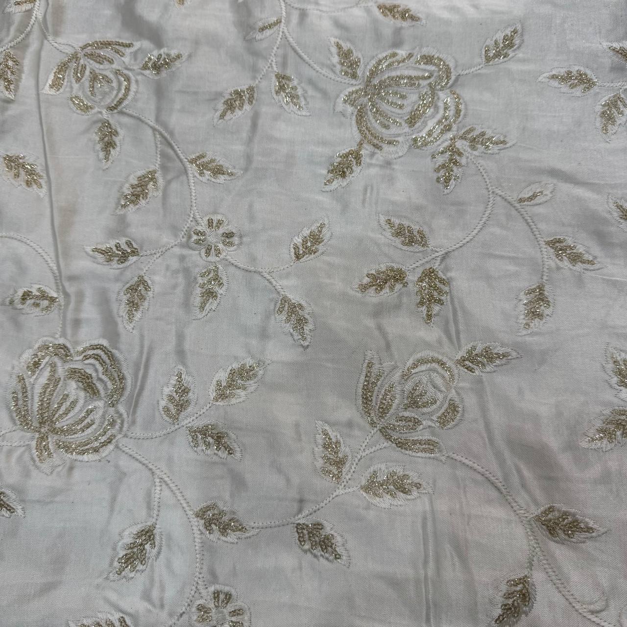 White & Golden Floral Dyeable Embroidered Viscose Gaji Silk Fabric
