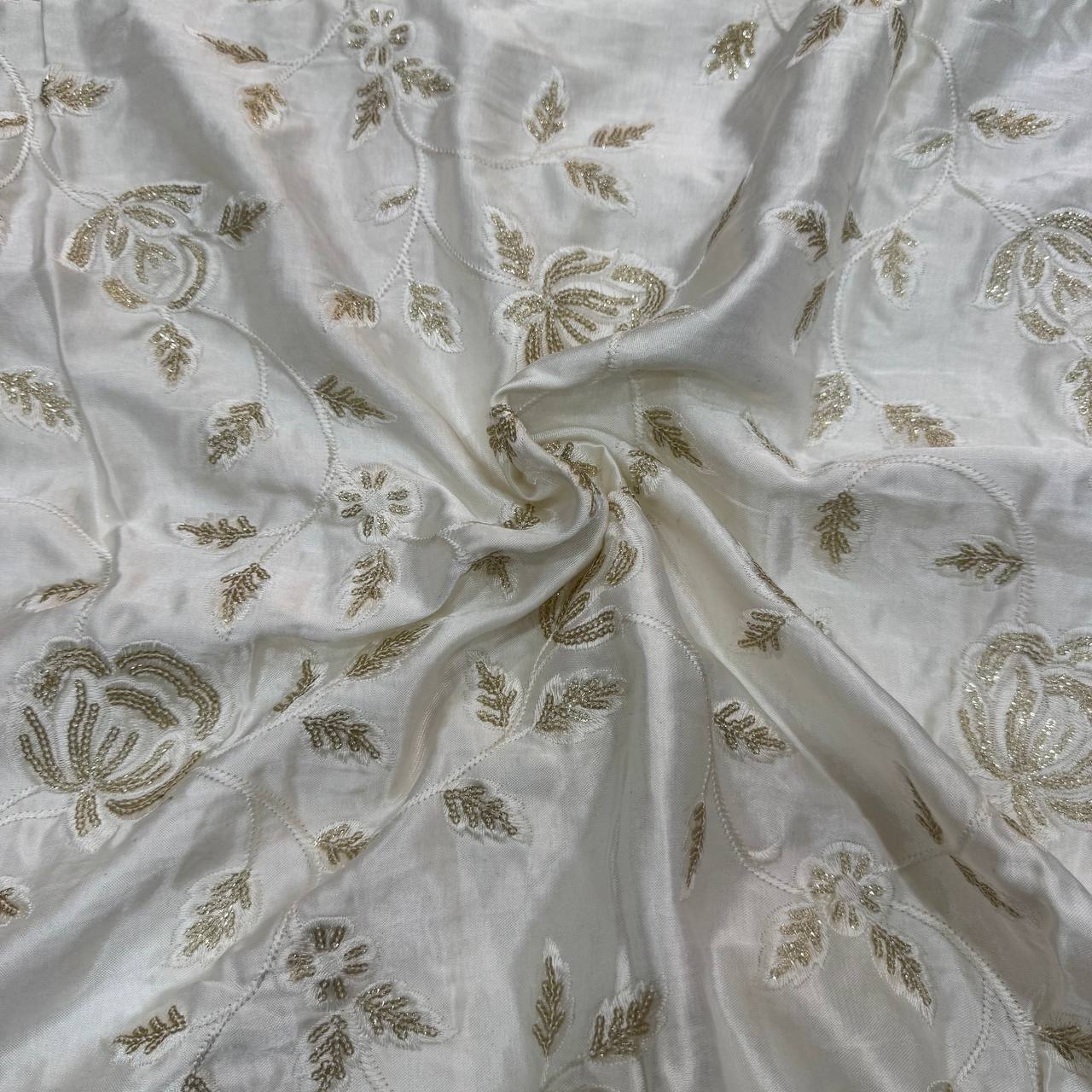 White & Golden Floral Dyeable Embroidered Viscose Gaji Silk Fabric