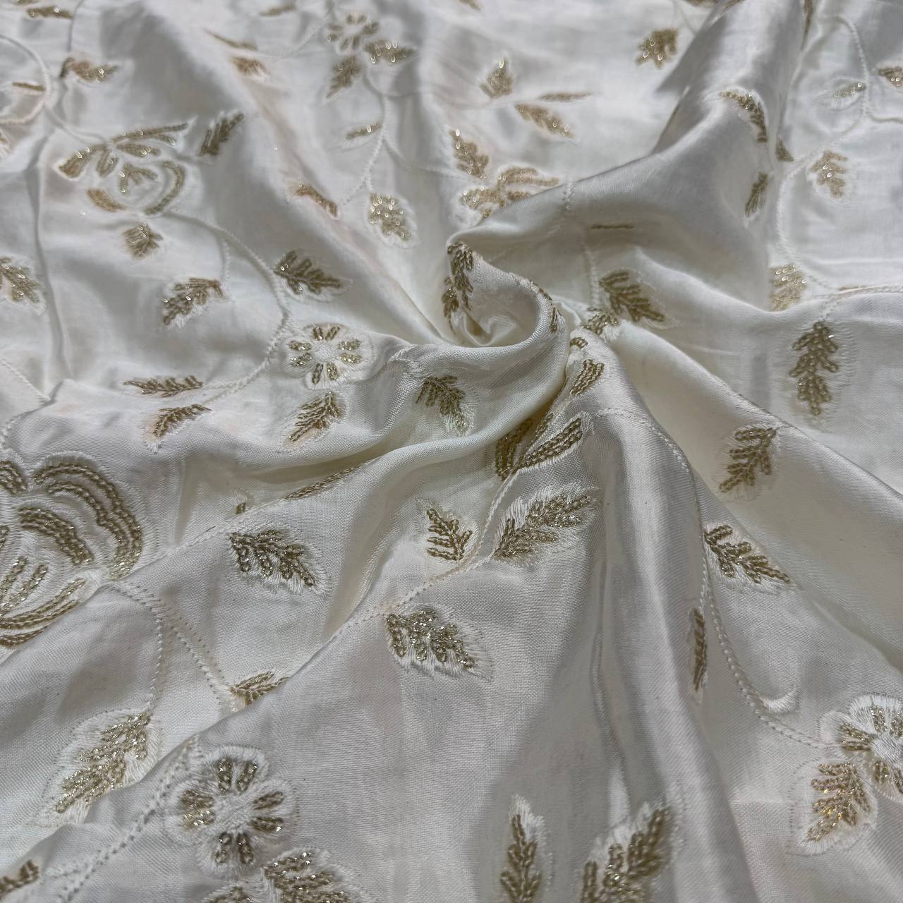 White & Golden Floral Dyeable Embroidered Viscose Gaji Silk Fabric