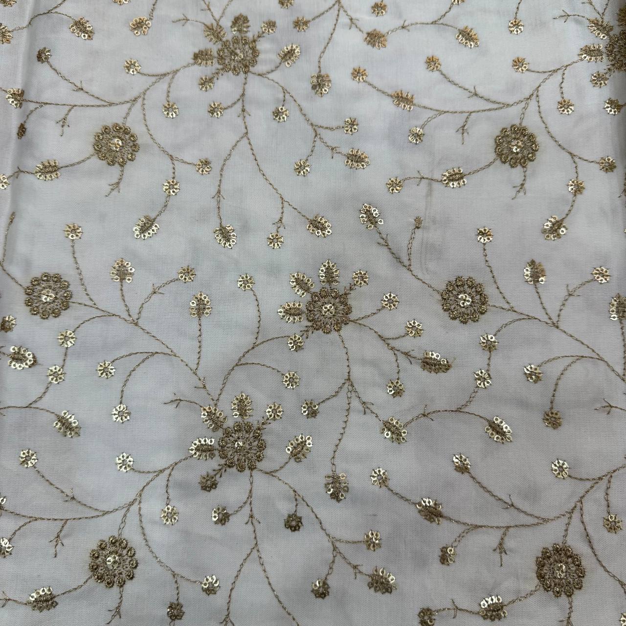 White & Golden Floral Dyeable Embroidered Viscose Gaji Silk Fabric