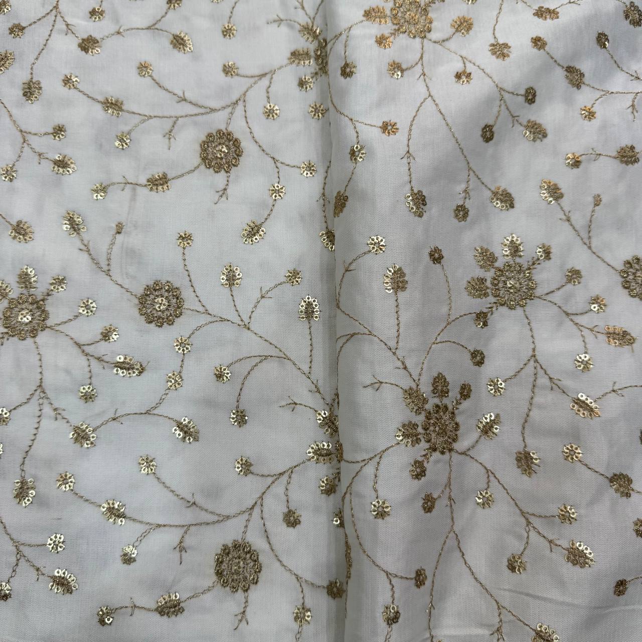 White & Golden Floral Dyeable Embroidered Viscose Gaji Silk Fabric
