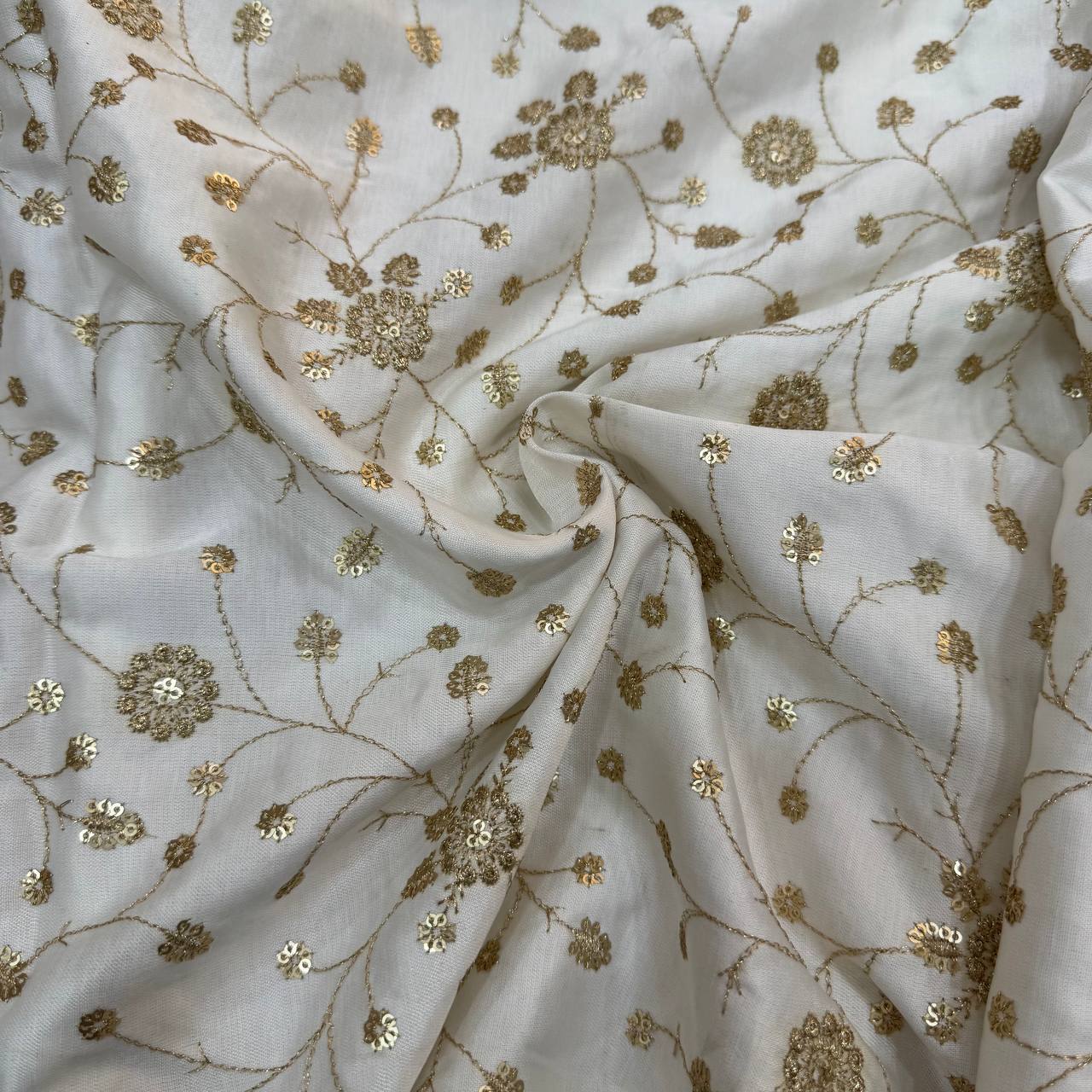 White & Golden Floral Dyeable Embroidered Viscose Gaji Silk Fabric
