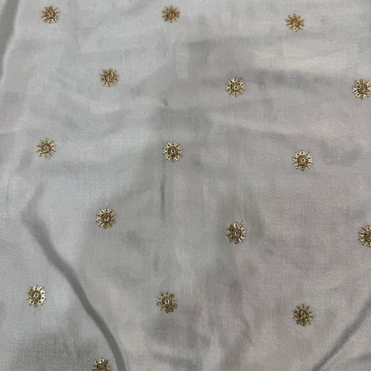 White Dyeable Flower Butti Embroidered Viscose Gaji Silk Fabric