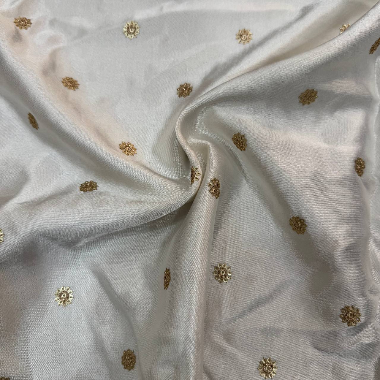 White Dyeable Flower Butti Embroidered Viscose Gaji Silk Fabric