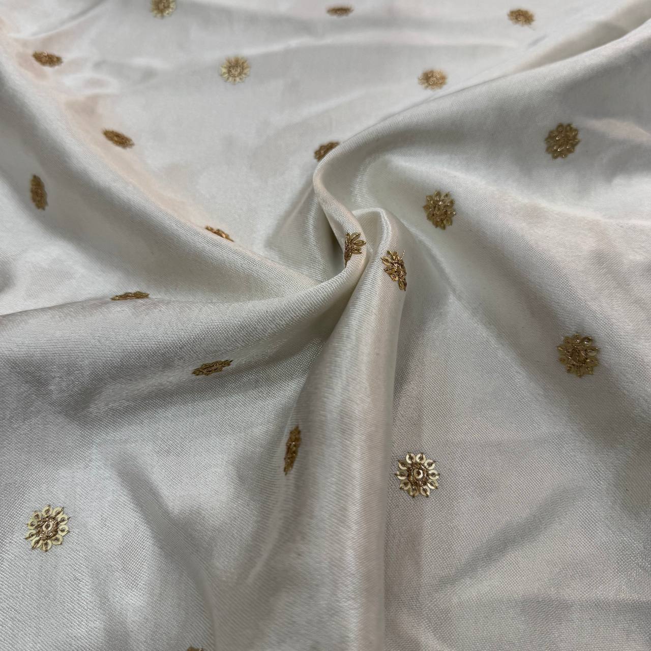 White Dyeable Flower Butti Embroidered Viscose Gaji Silk Fabric