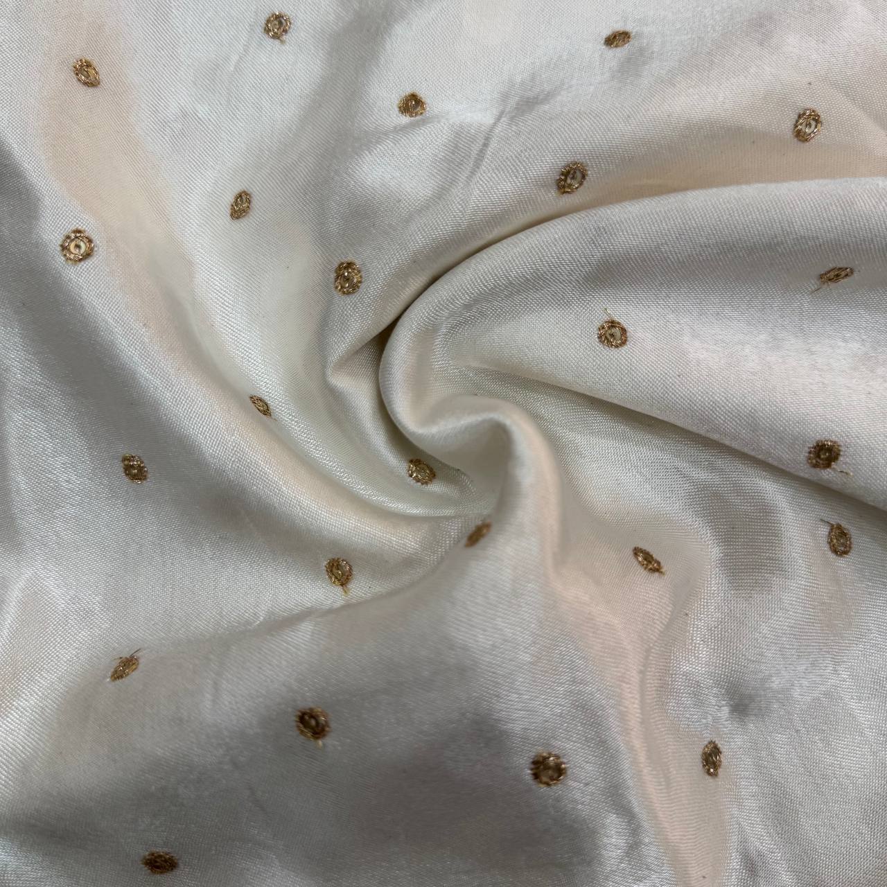 White Dyeable Polka Butti Embroidered Viscose Gaji Silk Fabric