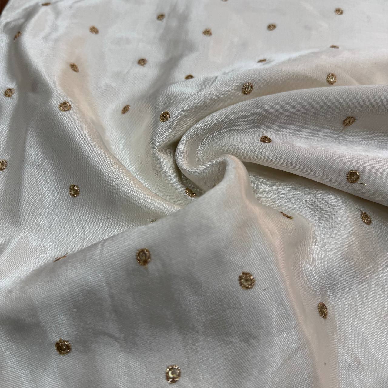White Dyeable Polka Butti Embroidered Viscose Gaji Silk Fabric